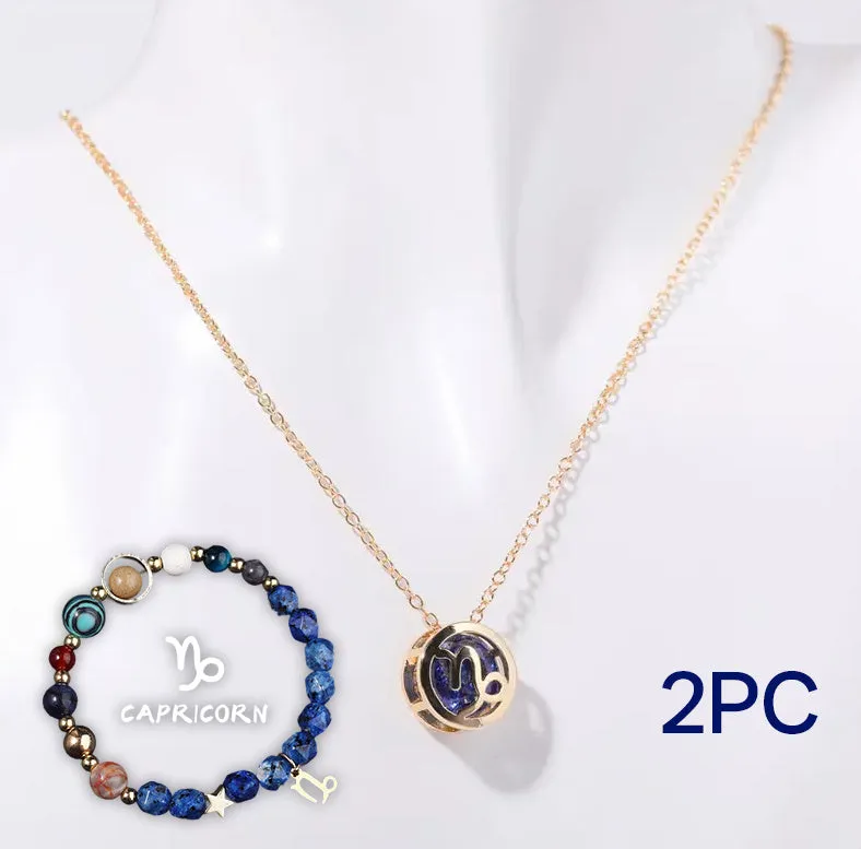 Natural stone beaded necklace and matching bracelet set on a plain background.