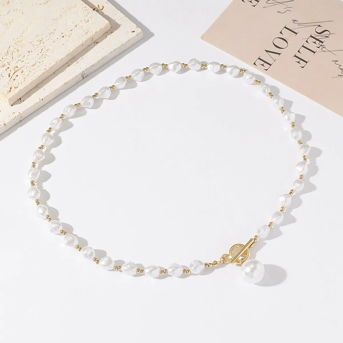 T-shaped buckle handmade imitation pearl necklace women's fashion pearl chain pendant