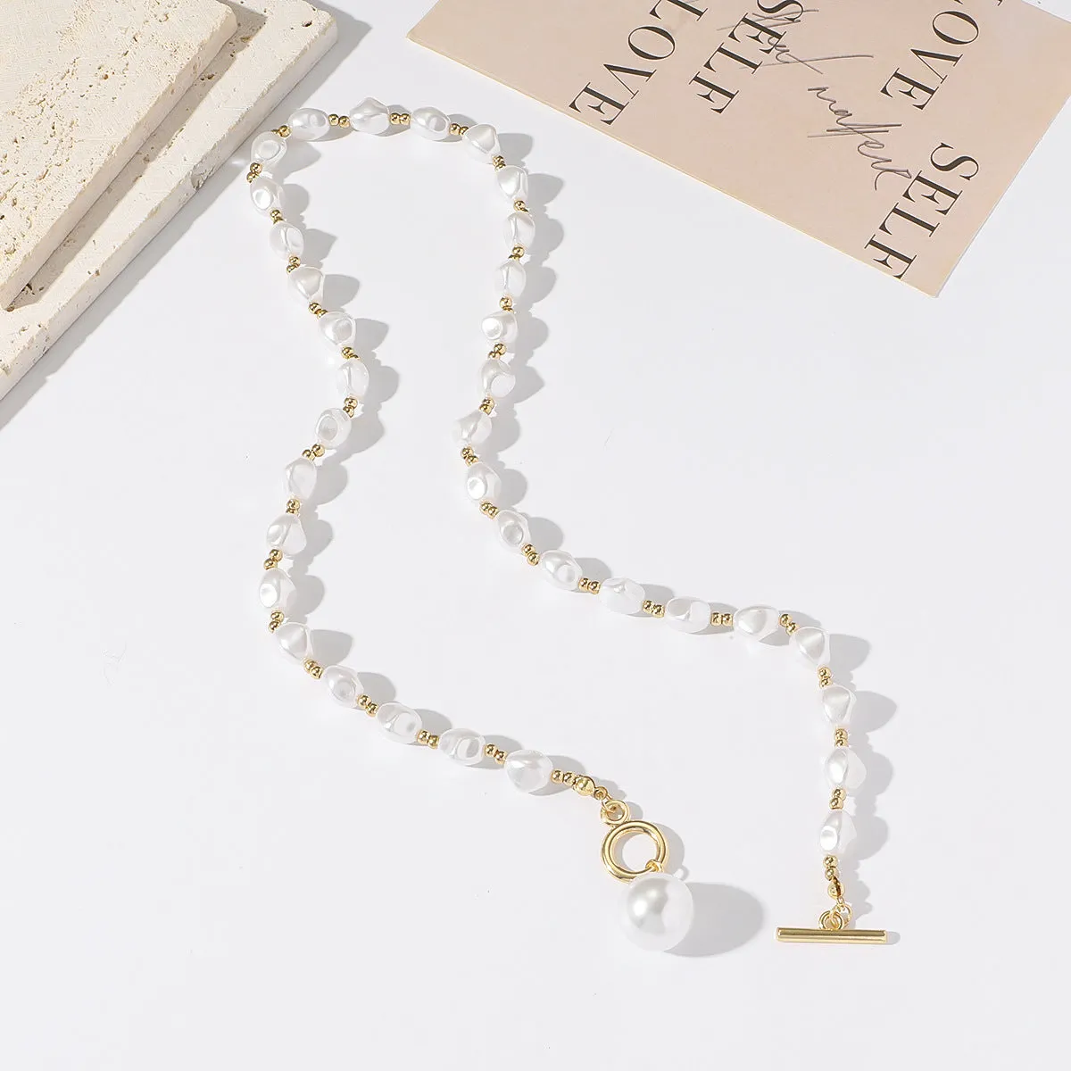 T-shaped buckle handmade imitation pearl necklace women's fashion pearl chain pendant