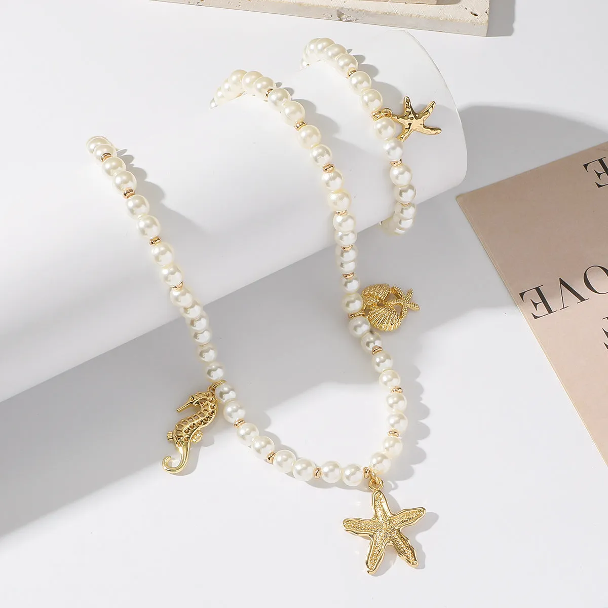 Haima handmade shell necklace starfish bracelet set with alloy pearl chain silver tone unisex