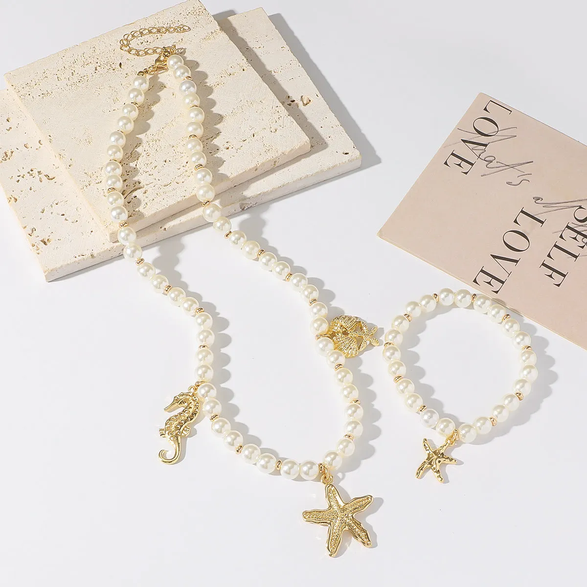 Haima handmade shell necklace starfish bracelet set with alloy pearl chain silver tone unisex