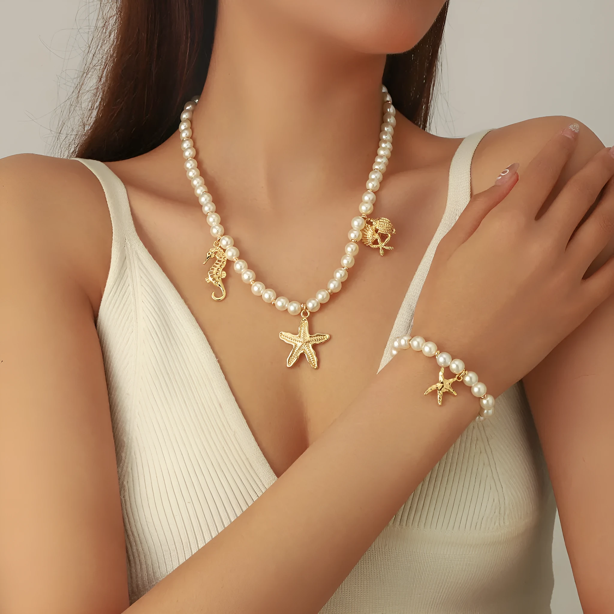 Haima handmade shell necklace starfish bracelet set with alloy pearl chain silver tone unisex