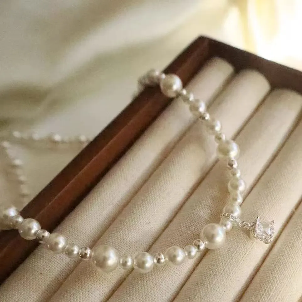 Cube sugar pearl necklace with star copper pendant on pearl chain