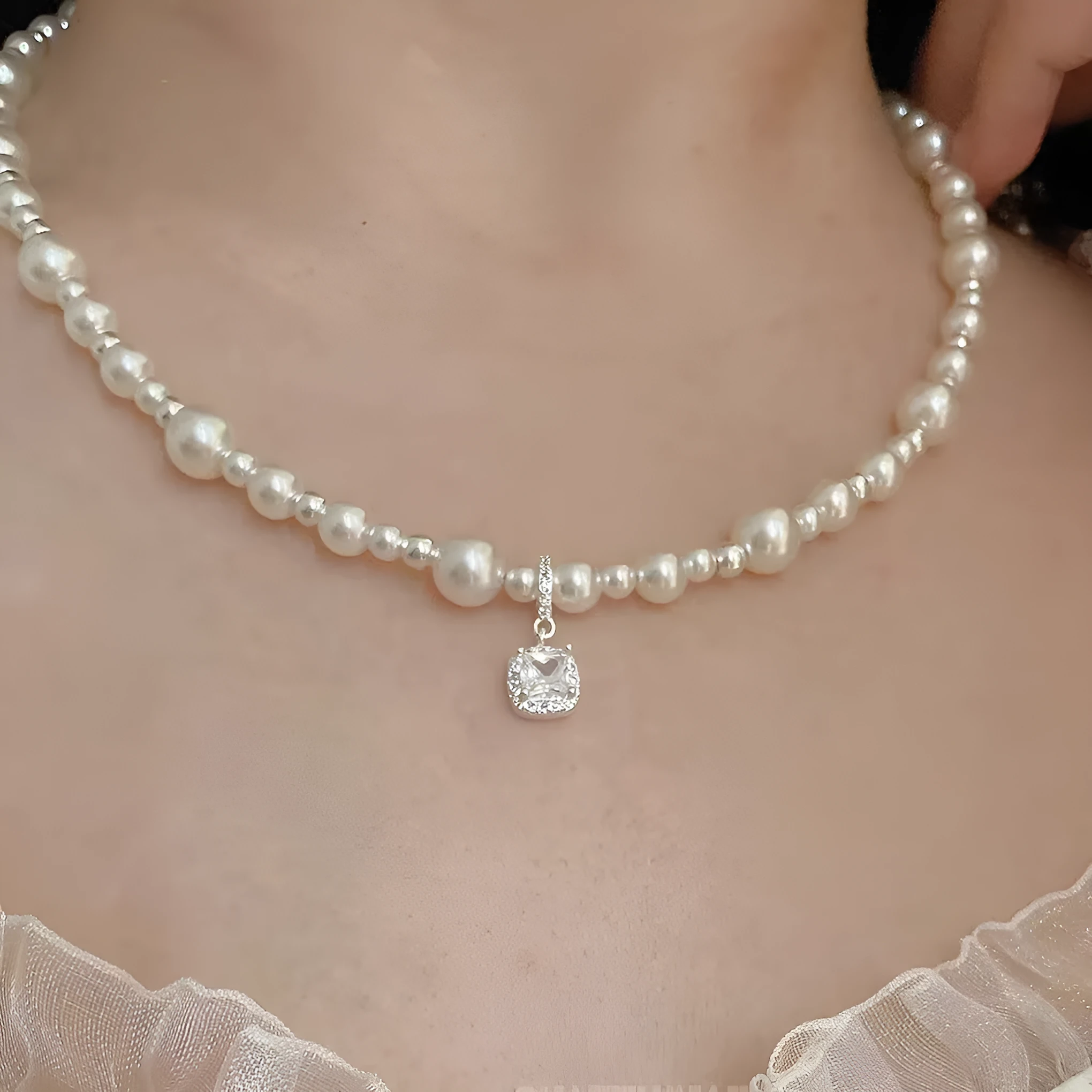 Cube sugar pearl necklace with star copper pendant on pearl chain