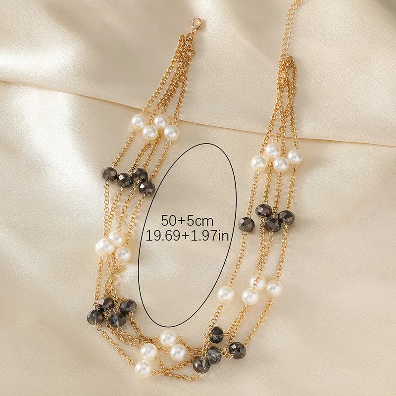 Women's sweater necklace with pearl crystal chain and round geometric alloy pendant in multiple colour options