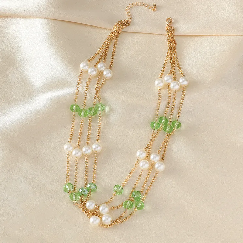 Women's sweater necklace with pearl crystal chain and round geometric alloy pendant in multiple colour options