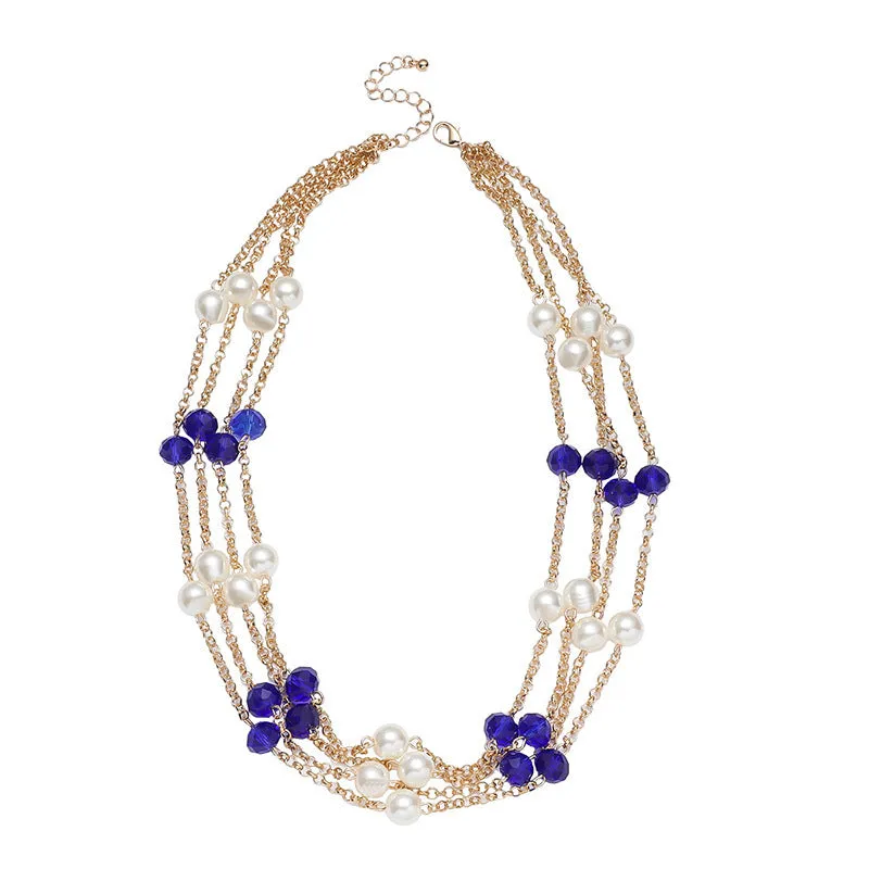 Women's sweater necklace with pearl crystal chain and round geometric alloy pendant in multiple colour options