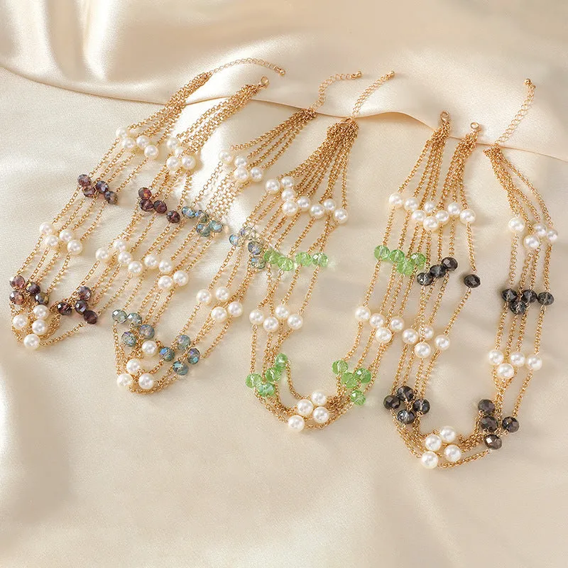 Women's sweater necklace with pearl crystal chain and round geometric alloy pendant in multiple colour options