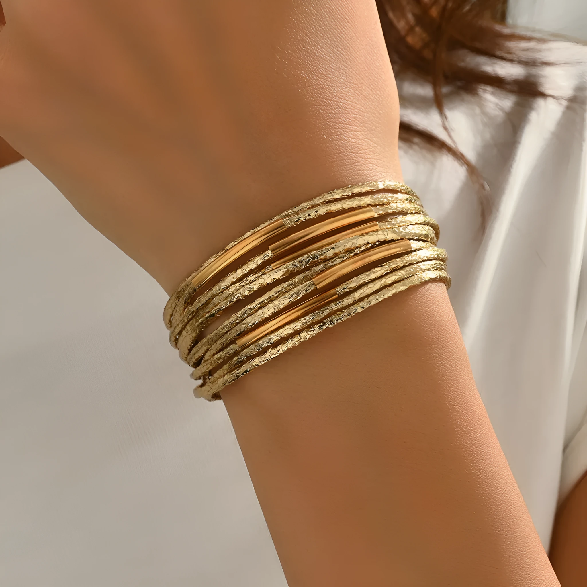 Multi-layer vintage leather bracelet with magnetic clasp, round alloy charms, in black colour