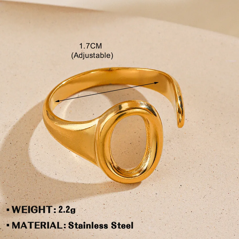 Oval ins style adjustable stainless steel ring in gold and steel colours on white background