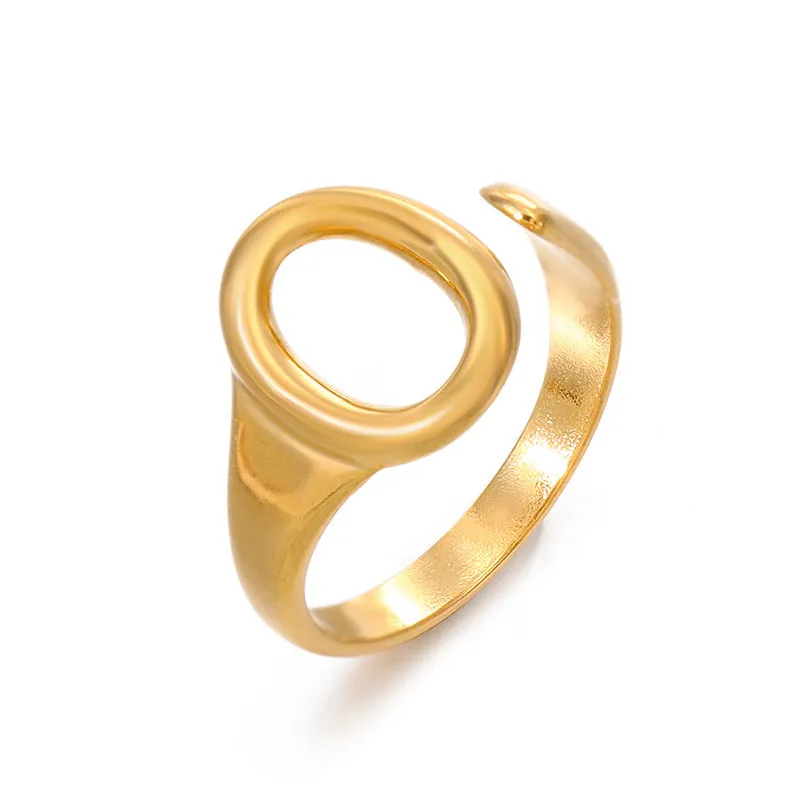 Oval ins style adjustable stainless steel ring in gold and steel colours on white background