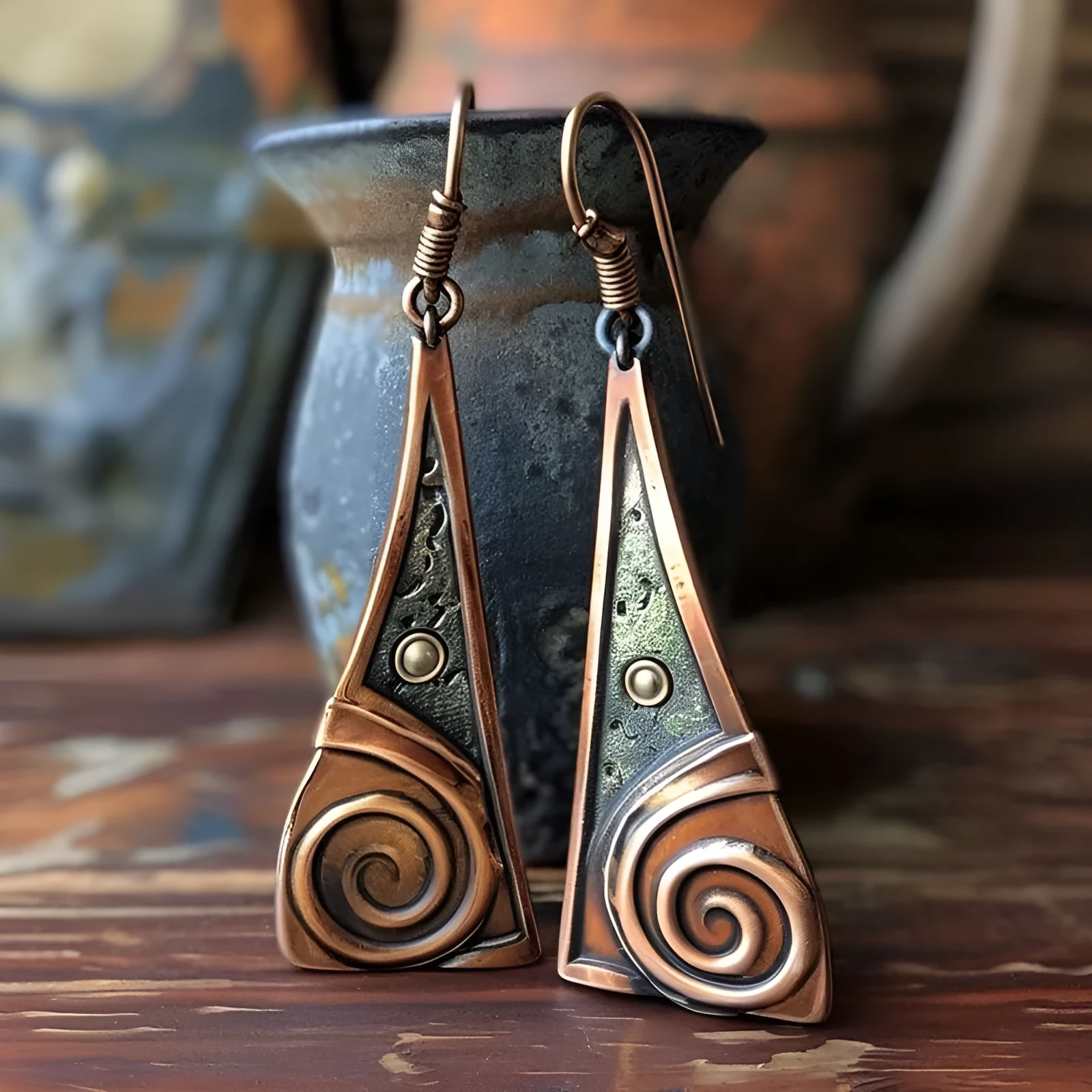 Bronze alloy geometric spiral earrings with irregular shape on a neutral background
