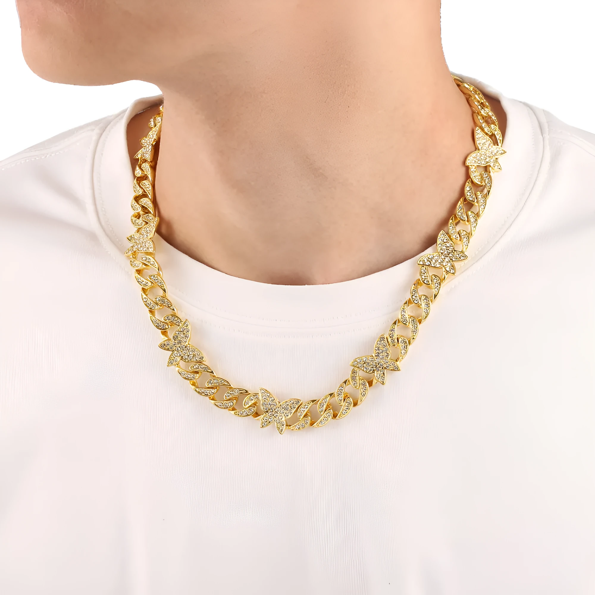 Small butterfly chain diamond rhinestone necklace in gold alloy with geometric pendant on 46cm chain