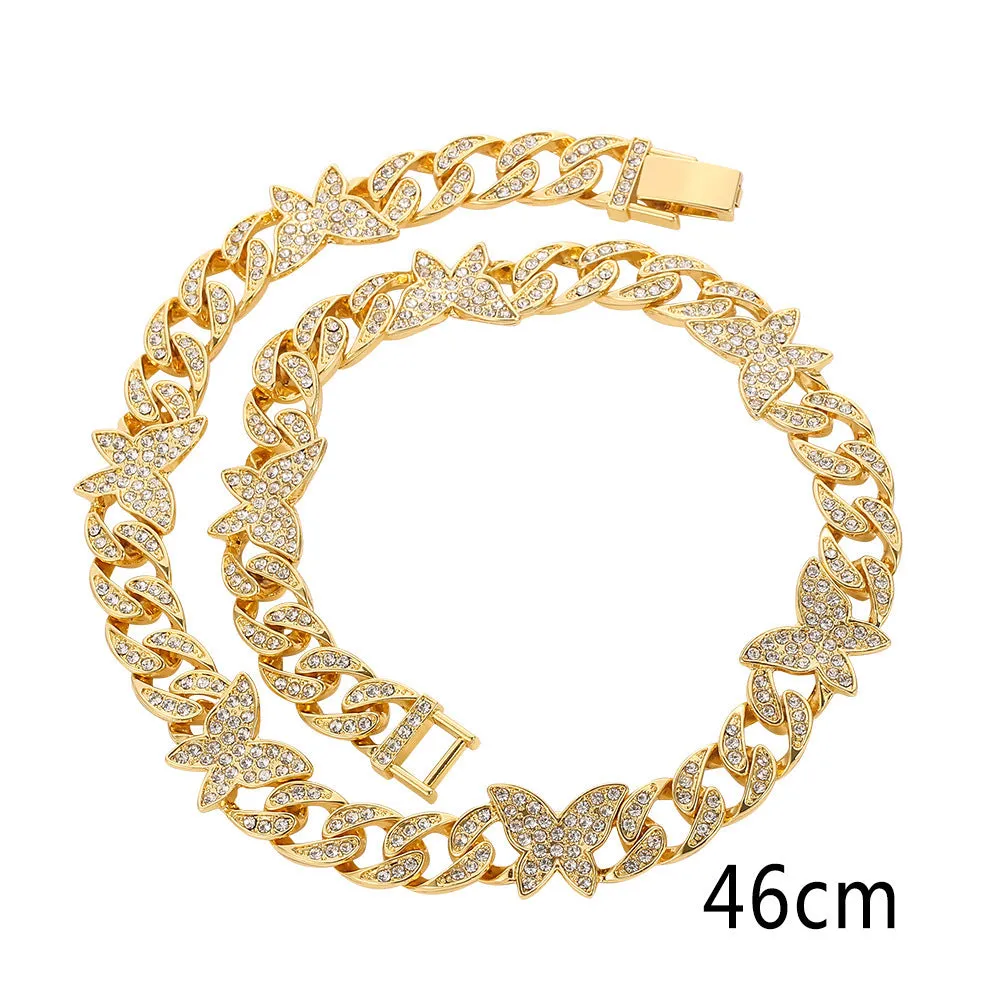 Small butterfly chain diamond rhinestone necklace in gold alloy with geometric pendant on 46cm chain