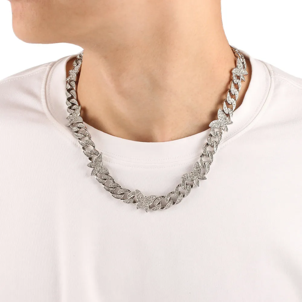 Small butterfly chain diamond rhinestone necklace in gold alloy with geometric pendant on 46cm chain