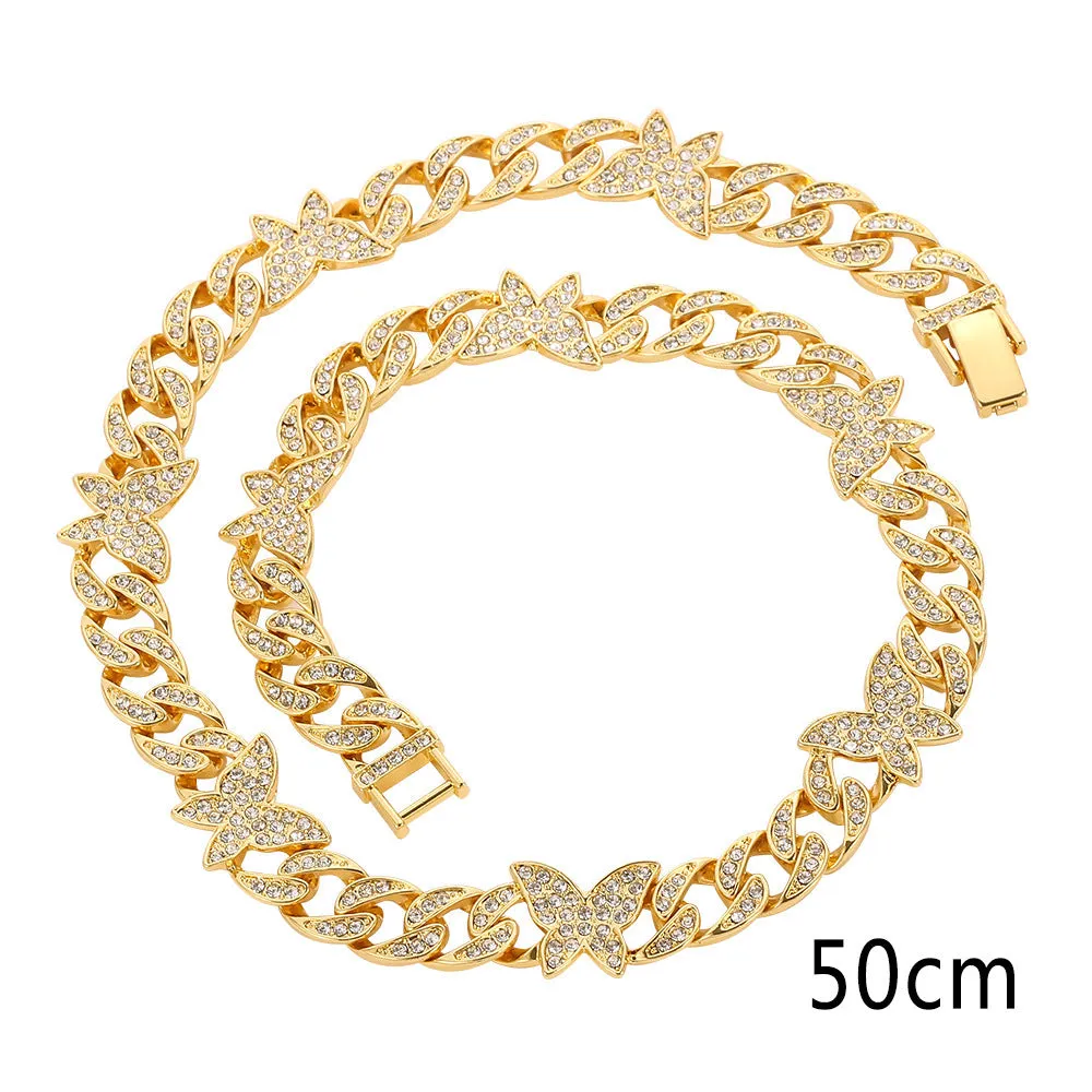 Small butterfly chain diamond rhinestone necklace in gold alloy with geometric pendant on 46cm chain
