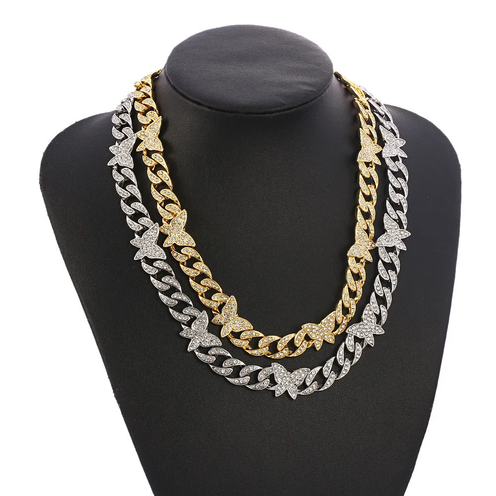 Small butterfly chain diamond rhinestone necklace in gold alloy with geometric pendant on 46cm chain