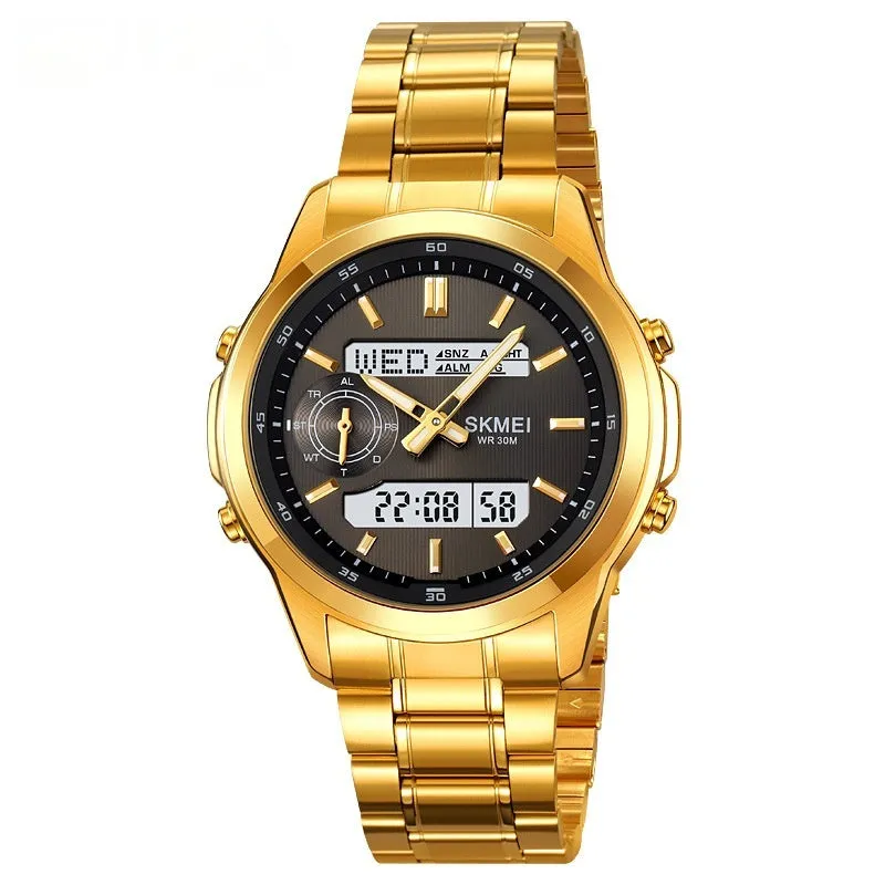 Men's luminous steel strap watch with multifunctional dial in gold finish