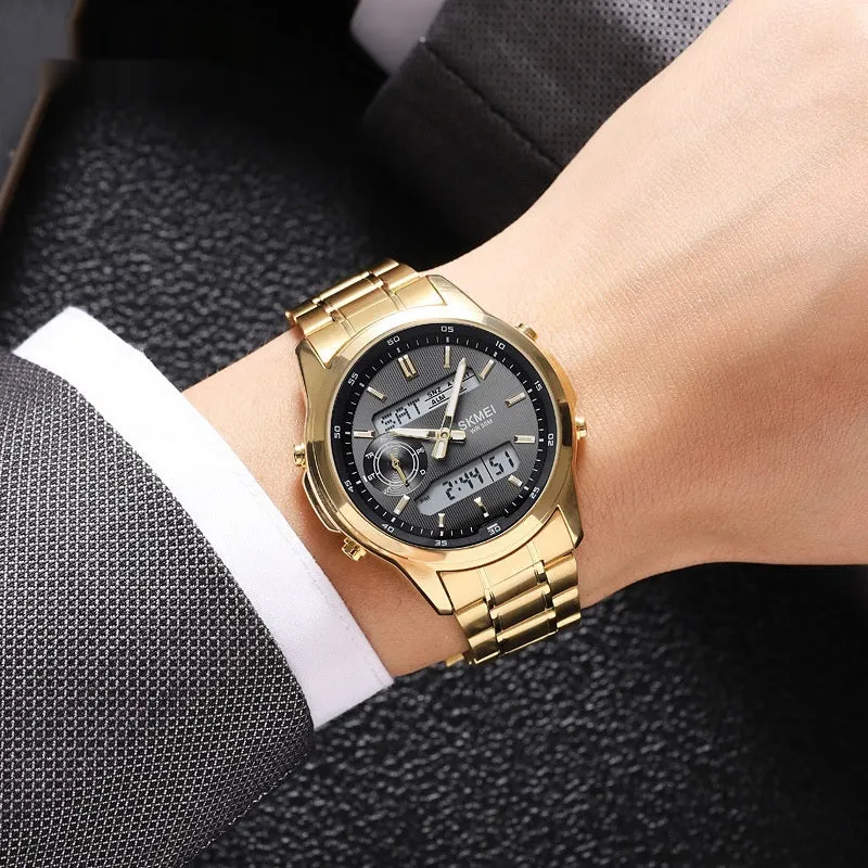 Men's luminous steel strap watch with multifunctional dial in gold finish