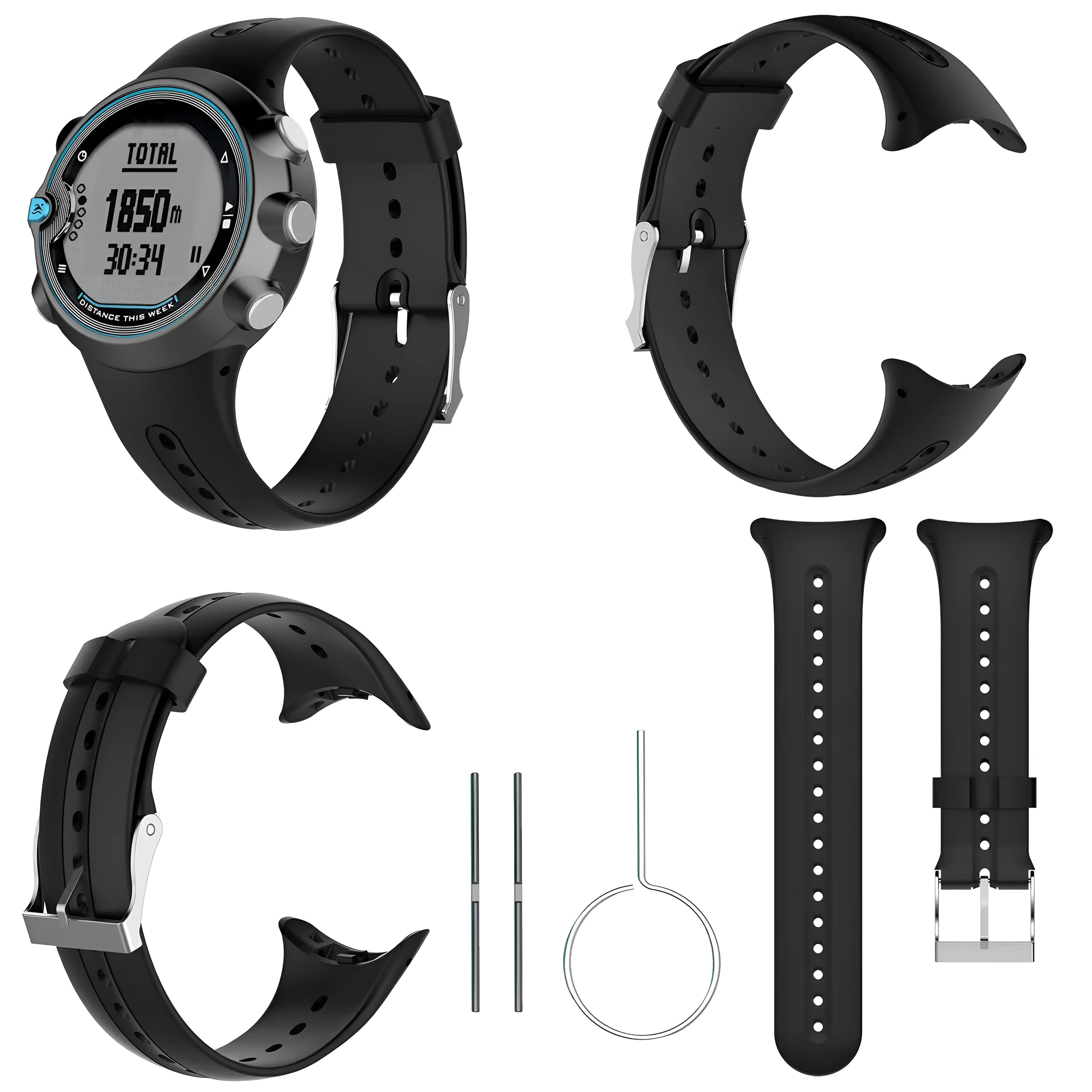 Black silicone swim watch smart watch strap long belt 124mm short lace 104mm sports style replacement band