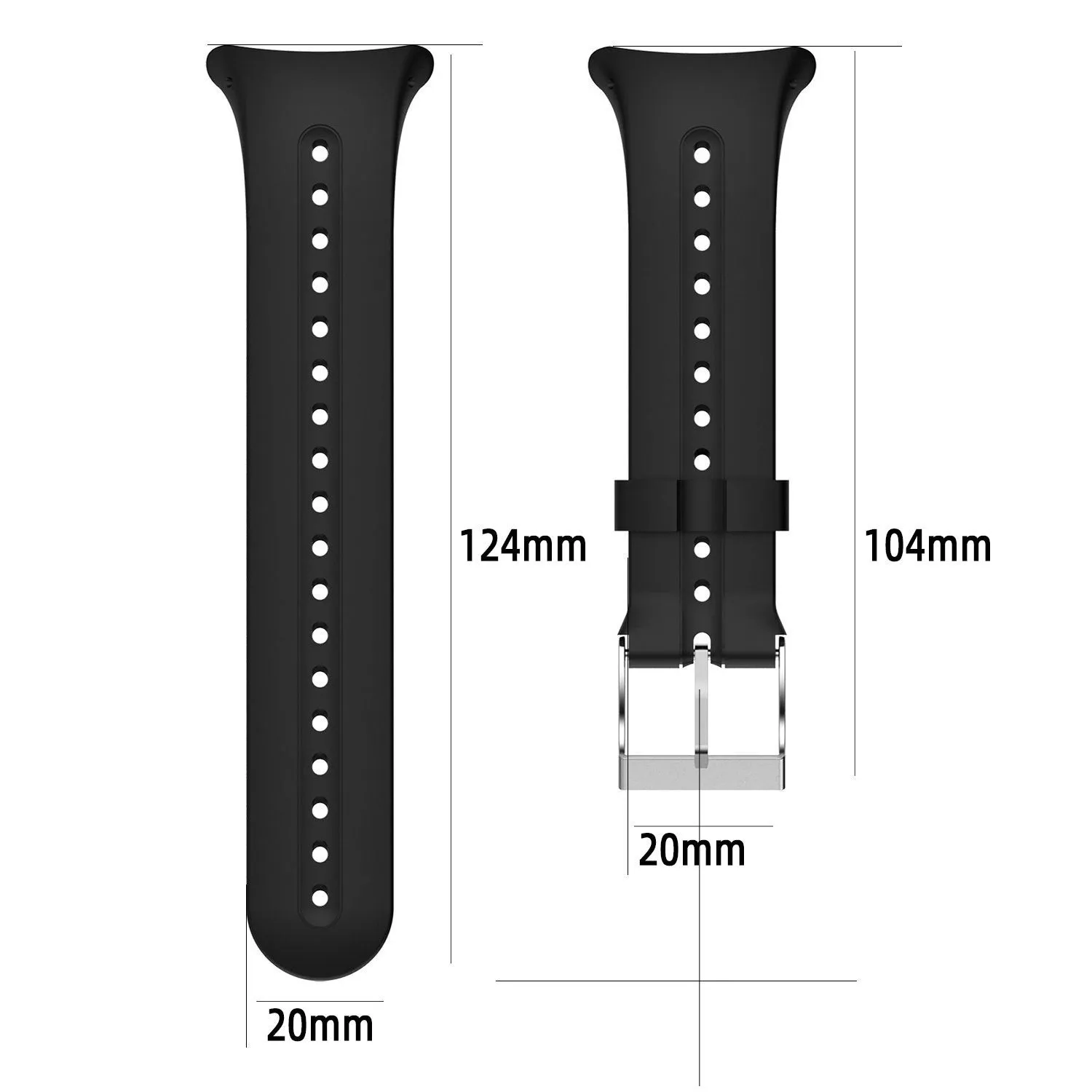 Black silicone swim watch smart watch strap long belt 124mm short lace 104mm sports style replacement band