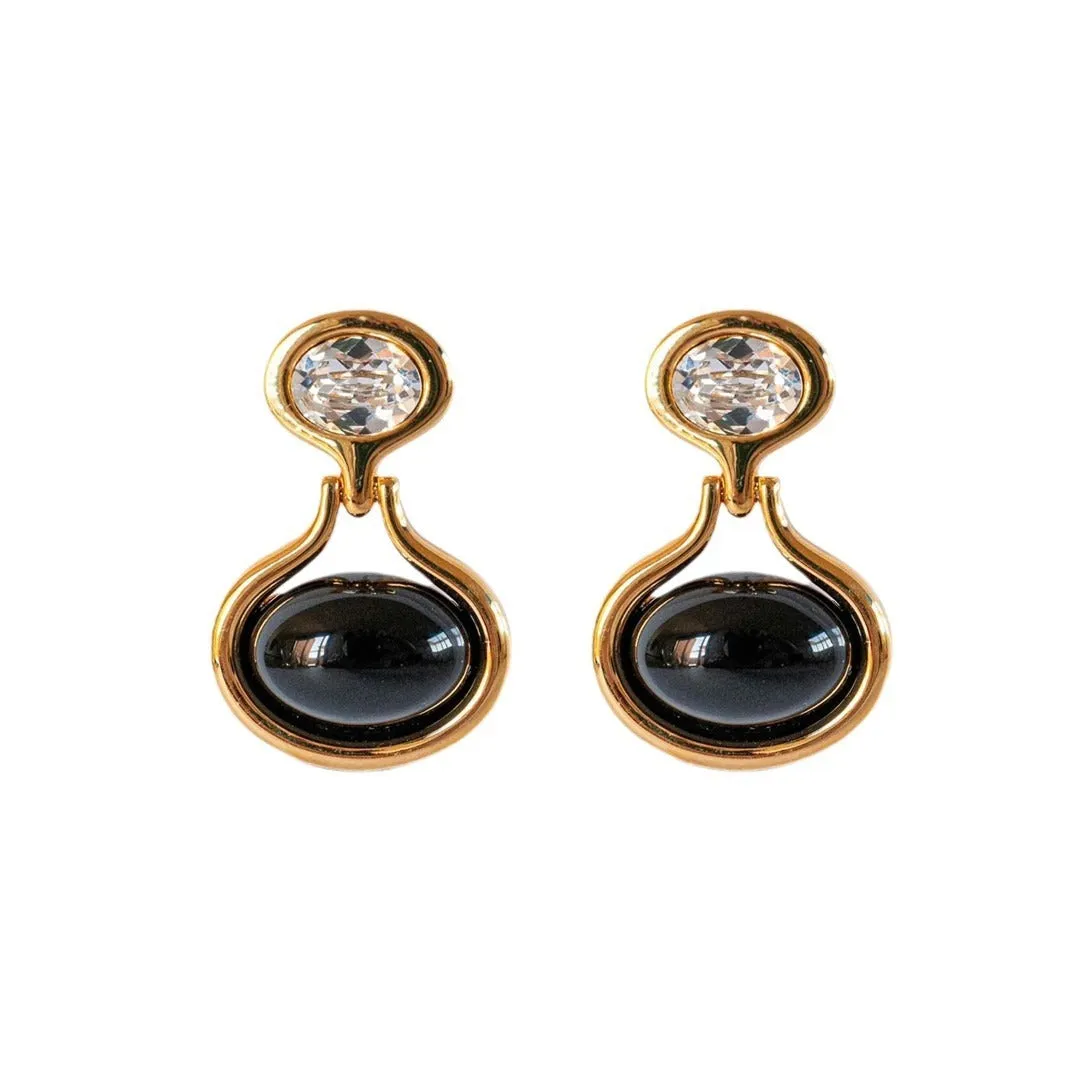 18k gold-plated brass earrings with black onyx and diamond accents, geometric shape, 28mm by 18.5mm, gold colour