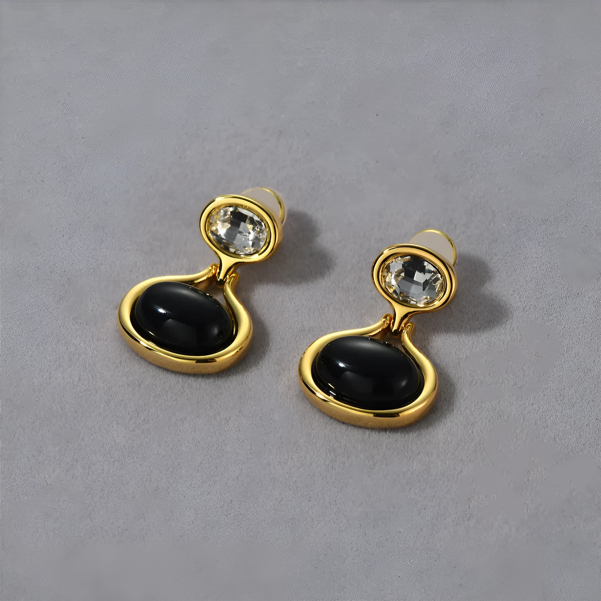 18k gold-plated brass earrings with black onyx and diamond accents, geometric shape, 28mm by 18.5mm, gold colour