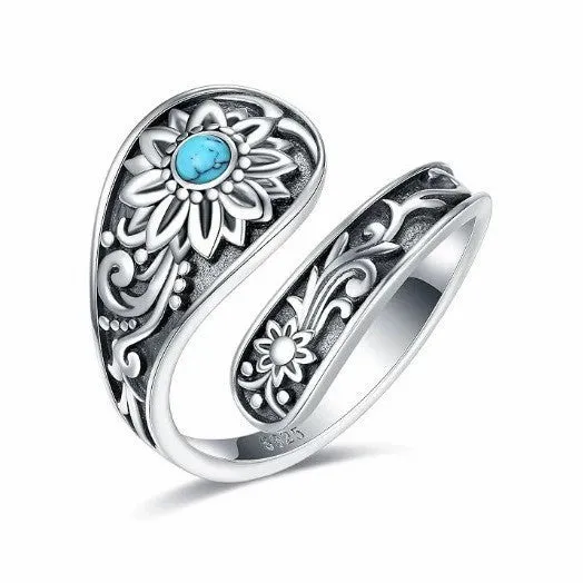 Silver alloy adjustable ring with sunflower flower shape and turquoise accent, Bohemian style for women