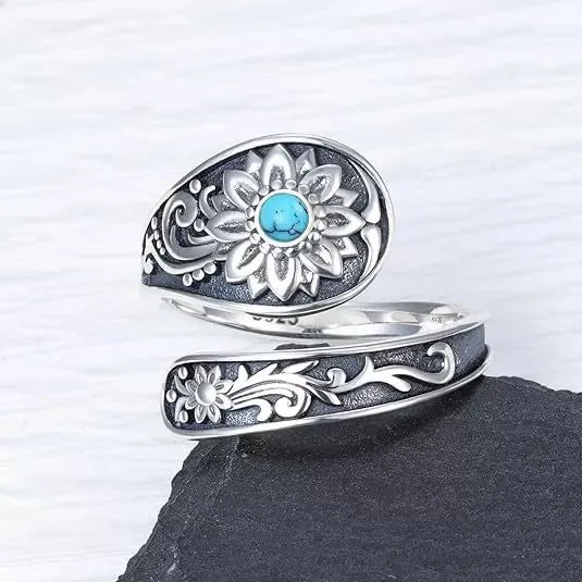 Silver alloy adjustable ring with sunflower flower shape and turquoise accent, Bohemian style for women