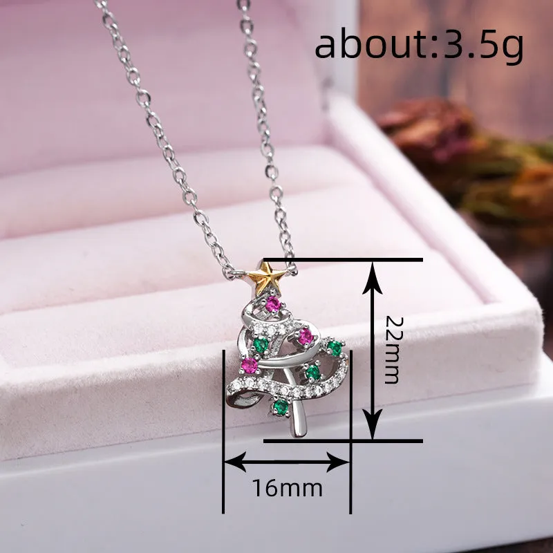 Two-tone copper inlaid zircon Christmas tree necklace with star and geometric snowflake pendant, O-ring chain