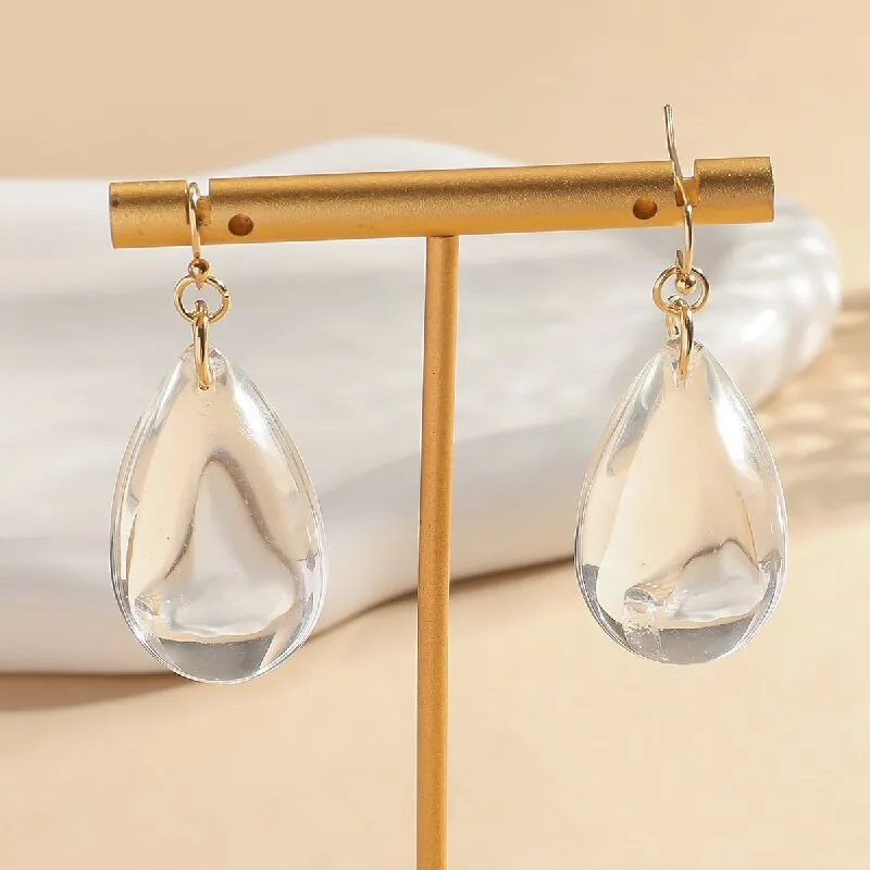 Transparent glass teardrop drop earrings for women, minimalist irregular shape cold style