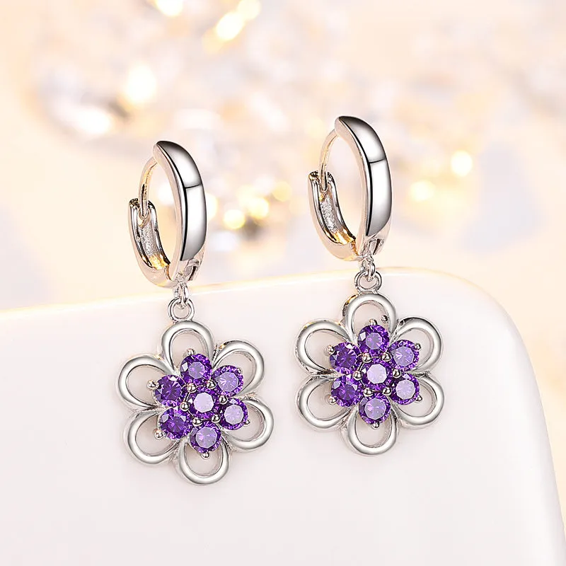 Floral white copper earrings with faceted stone accent, available as ear stud or ear hook in purple or white colour options