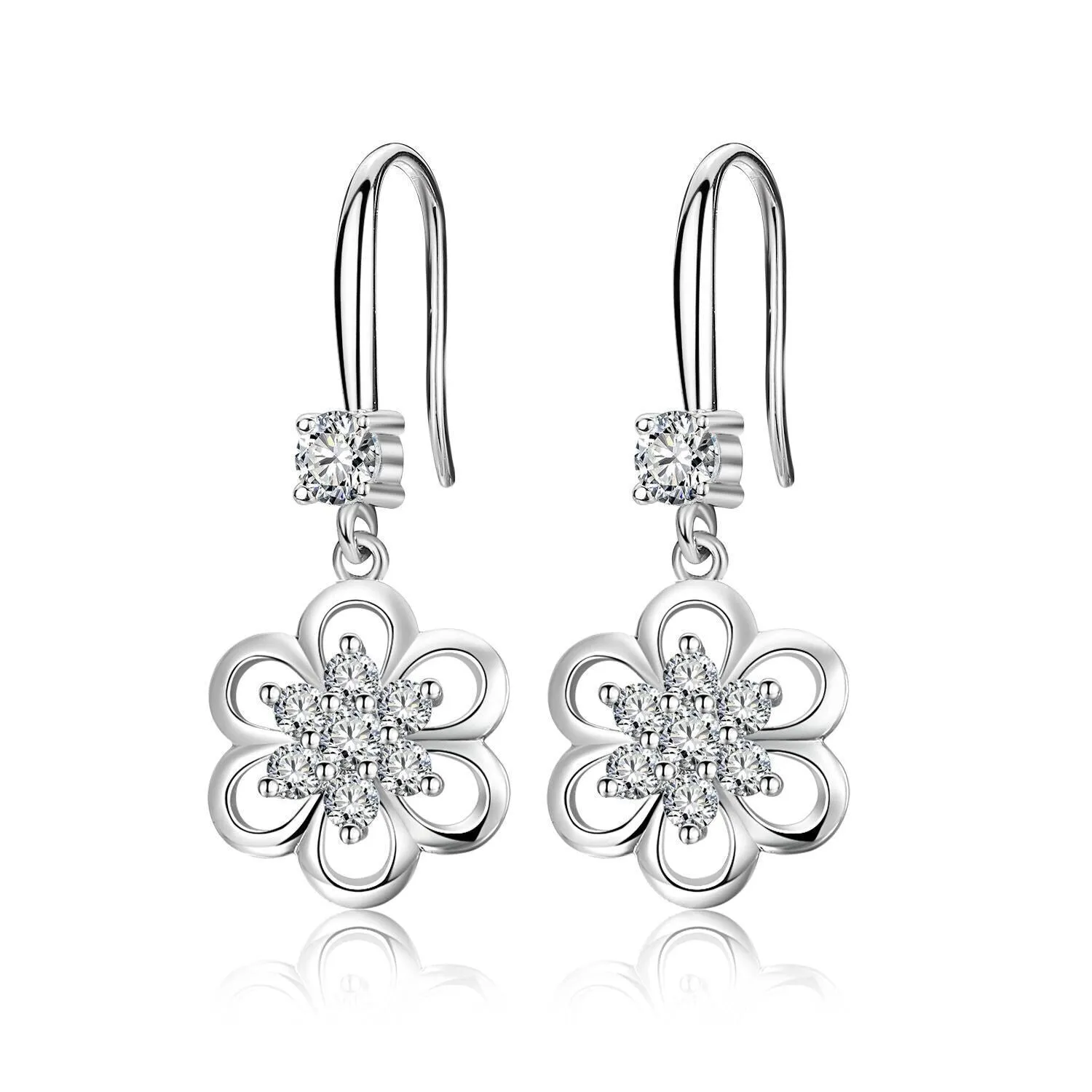 Floral white copper earrings with faceted stone accent, available as ear stud or ear hook in purple or white colour options