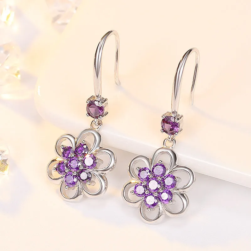 Floral white copper earrings with faceted stone accent, available as ear stud or ear hook in purple or white colour options