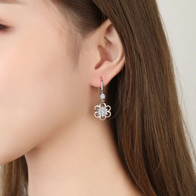 Floral white copper earrings with faceted stone accent, available as ear stud or ear hook in purple or white colour options