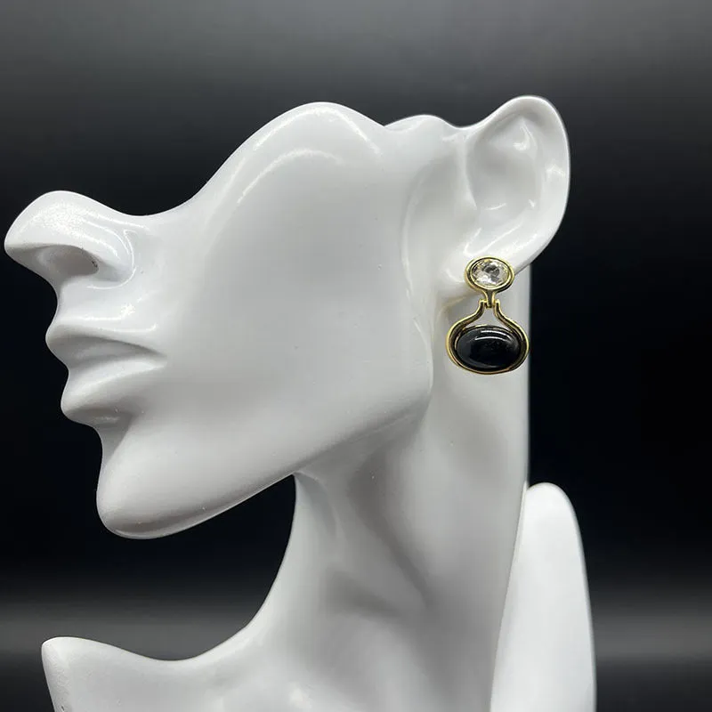 Black and gold geometric round oval alloy earrings with electroplated finish