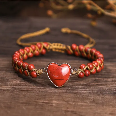 Natural stone bracelet with lapis lazuli pattern, double-row braided cord, large white crystal heart bead over 20mm, stainless steel accessory