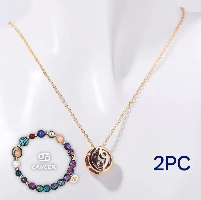 Natural stone bead necklace and matching bracelet set with silver-colour clasp on jewellery cord