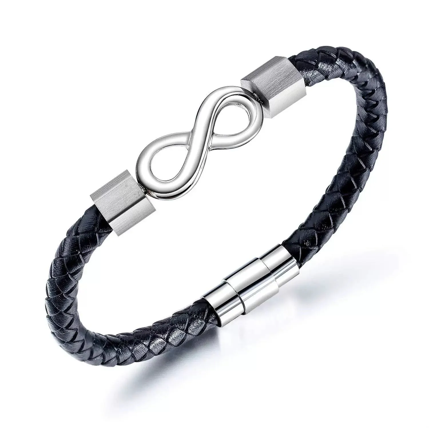 Hand-woven stainless steel leather bracelet in black on a white background, size 23cm