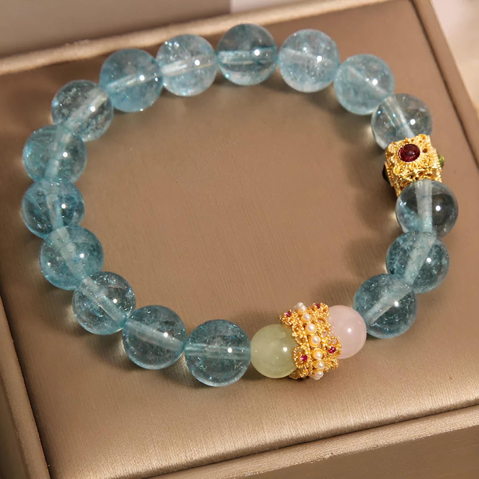Blue crystal bracelet with Chinese style design and cube sugar colourful crystals on flexible ring