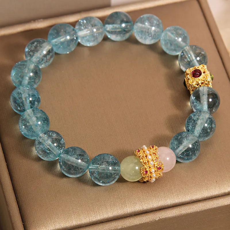 Blue crystal bracelet with Chinese style design and cube sugar colourful crystals on flexible ring