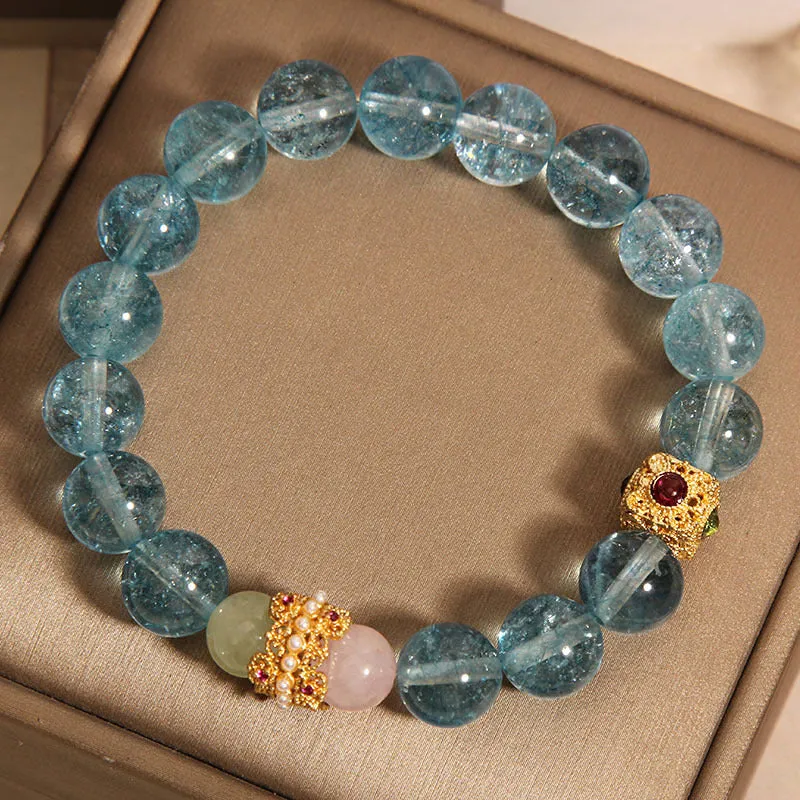 Blue crystal bracelet with Chinese style design and cube sugar colourful crystals on flexible ring