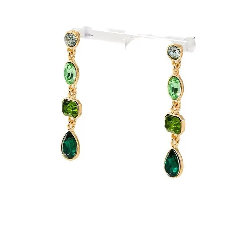 Round stud geometric tassel drop earrings for women, green colour, 8.5 cm length, alloy and imitation pearl beads