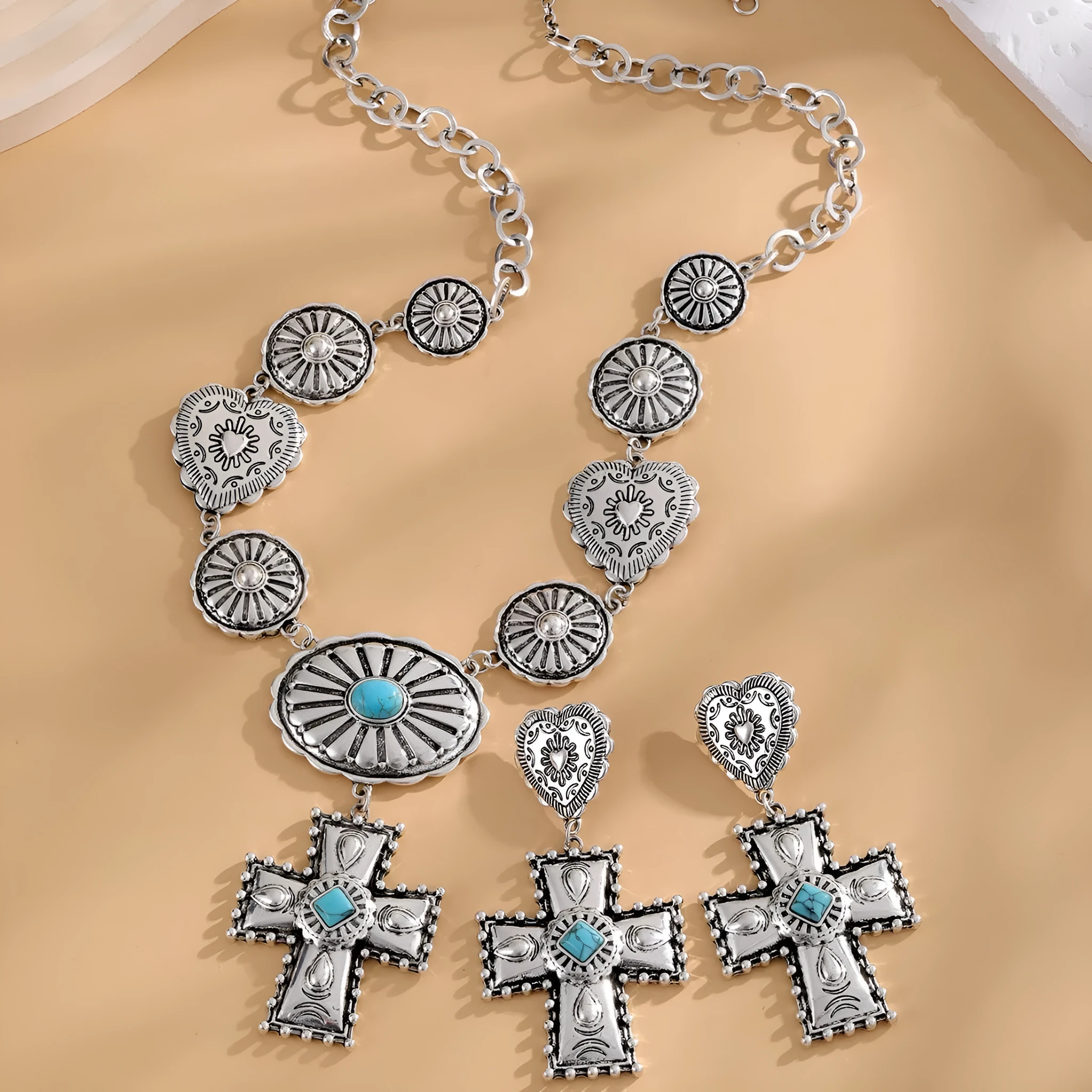 Vintage Love cross pendant earrings and necklace set in gold alloy metal