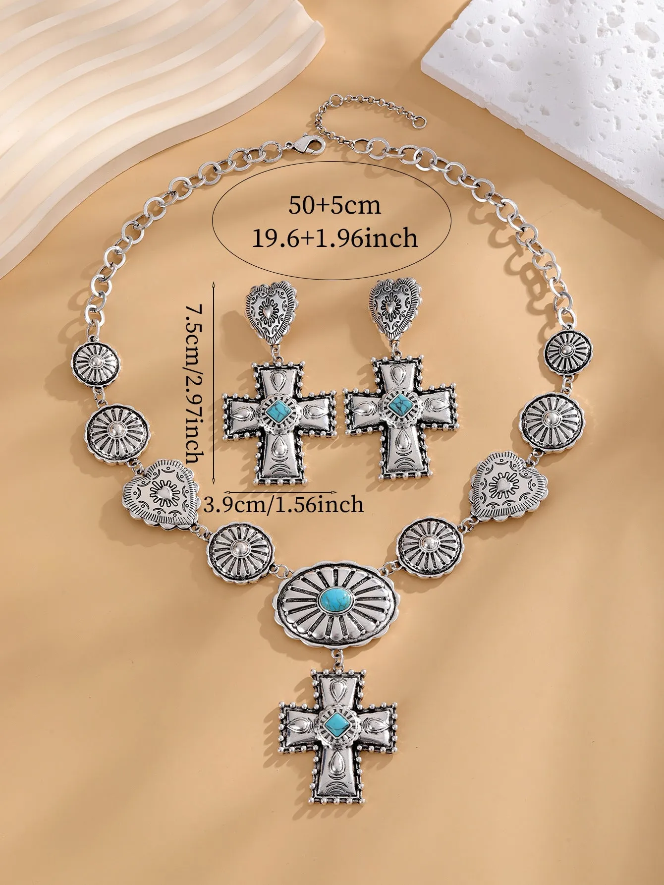 Vintage Love cross pendant earrings and necklace set in gold alloy metal