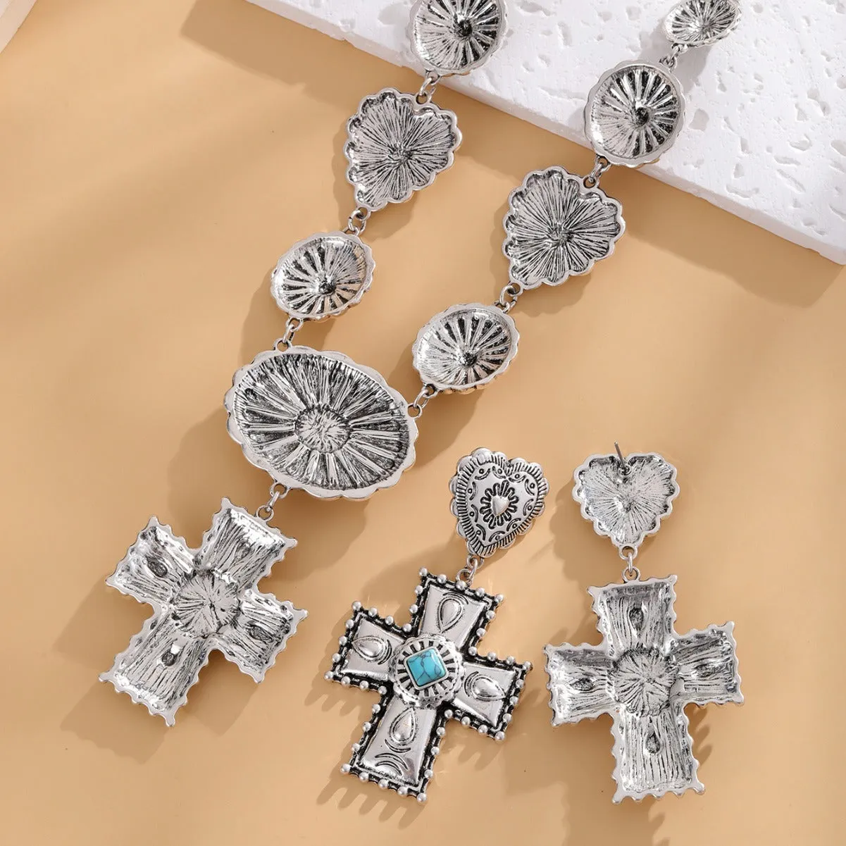 Vintage Love cross pendant earrings and necklace set in gold alloy metal