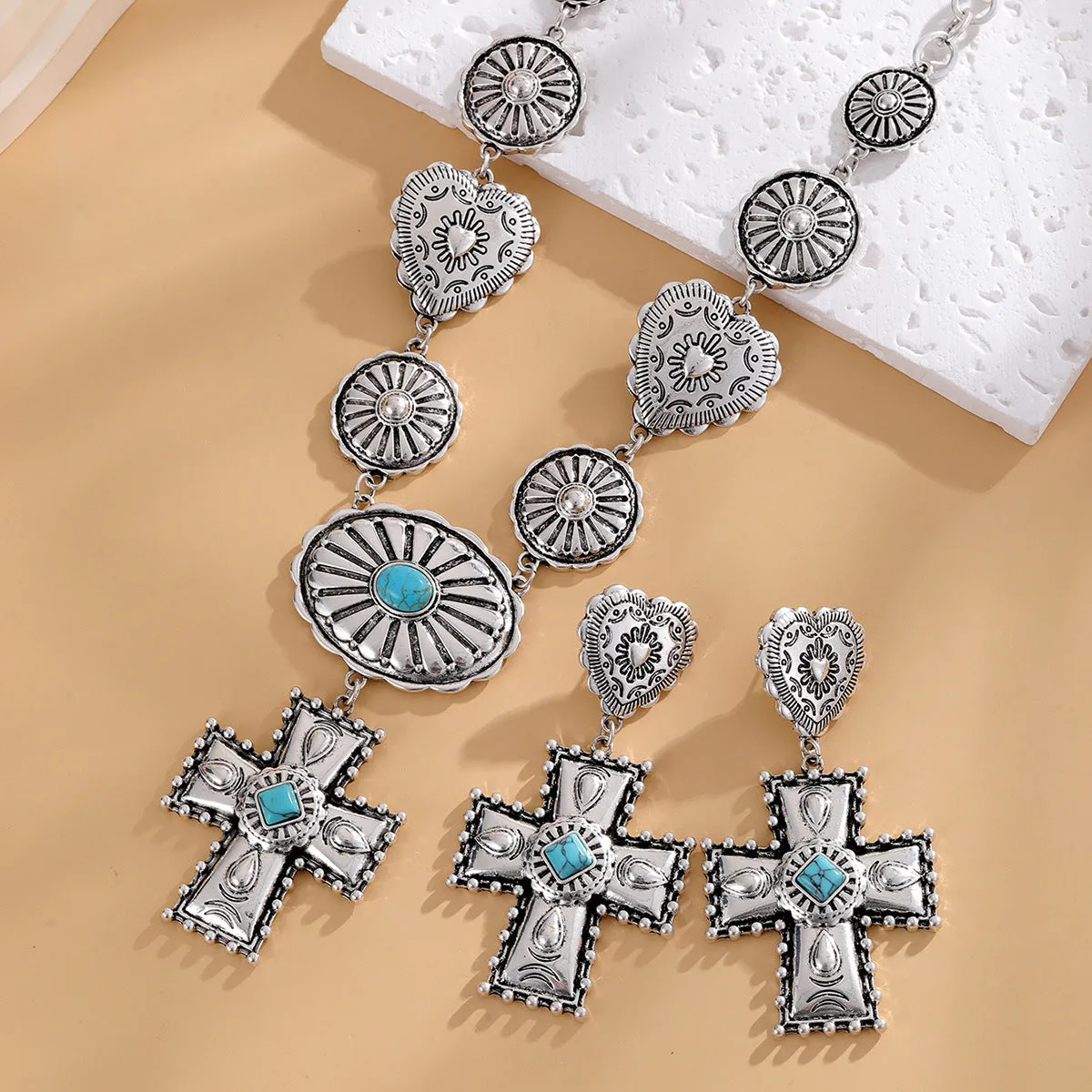 Vintage Love cross pendant earrings and necklace set in gold alloy metal