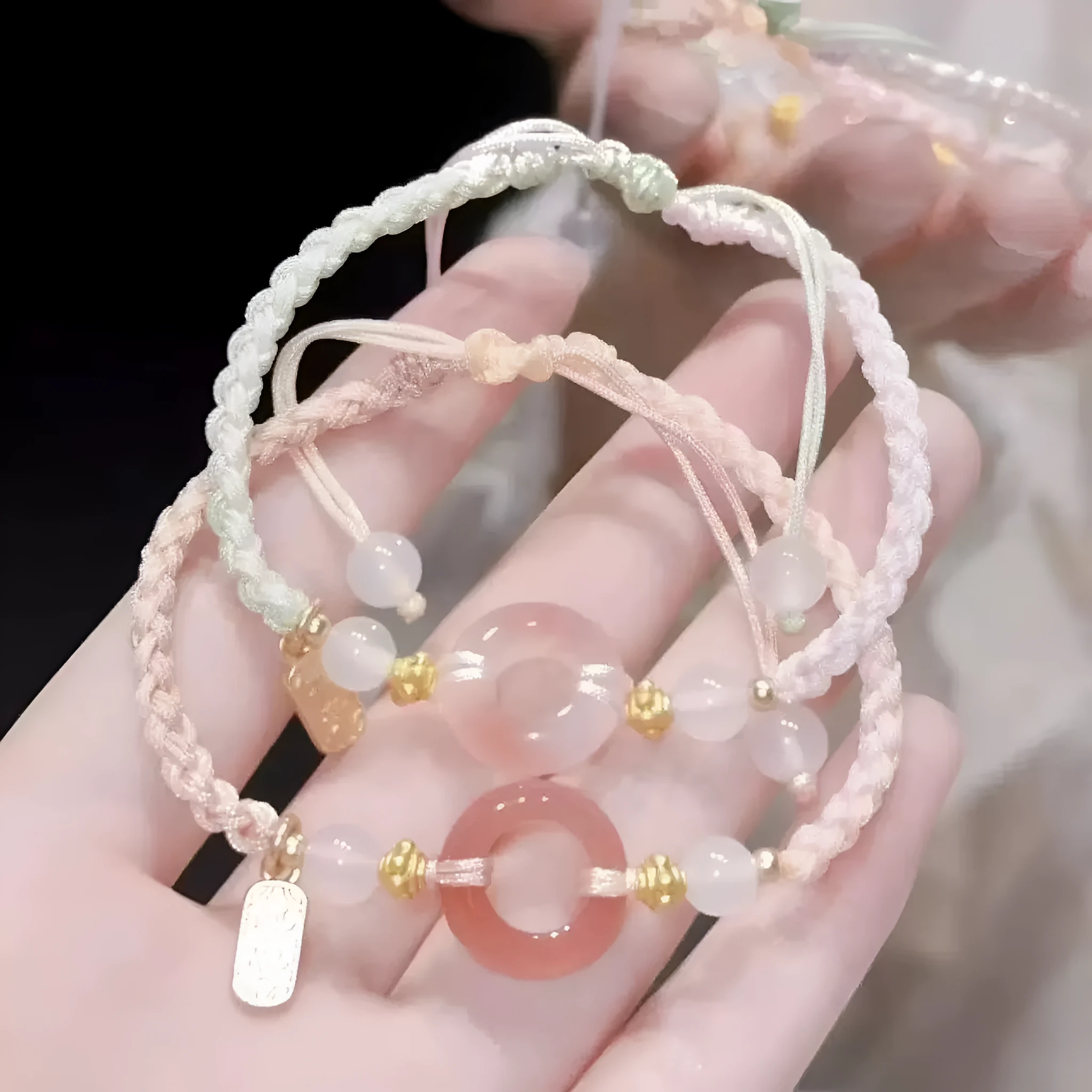 National style woven bracelet with peace buckle in peach blossom colours