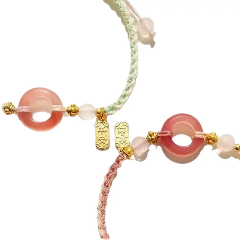 National style woven bracelet with peace buckle in peach blossom colours