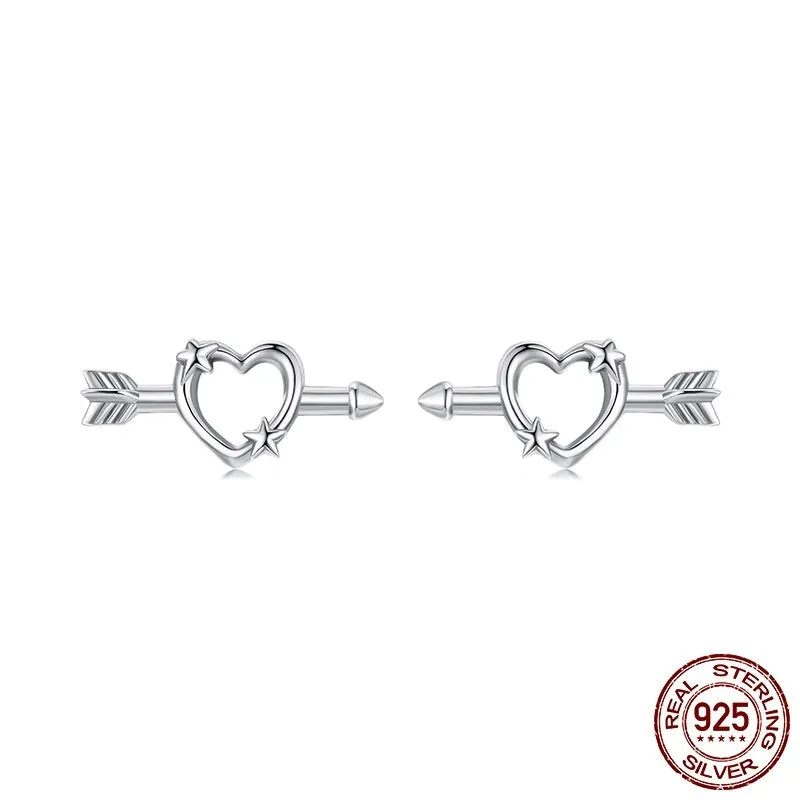S925 sterling silver mini heart stud earrings with polished finish on white background
